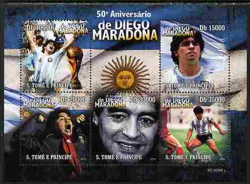 St Thomas & Prince Islands 2010 Diego Maradona perf sheetlet containing 5 values unmounted mint , stamps on personalities, stamps on football