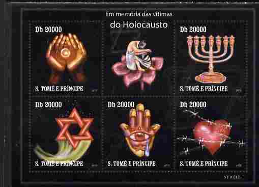 St Thomas & Prince Islands 2010 In Memory of Holocaust Victims perf sheetlet containing 5 values unmounted mint , stamps on judaica, stamps on judaism, stamps on  ww2 , stamps on 