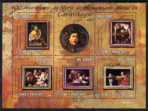 St Thomas & Prince Islands 2010 Caravaggio Paintings perf sheetlet containing 5 values unmounted mint , stamps on arts, stamps on caravaggio