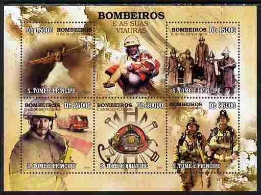 St Thomas & Prince Islands 2010 Fire Fighters perf sheetlet containing 5 values unmounted mint , stamps on fire