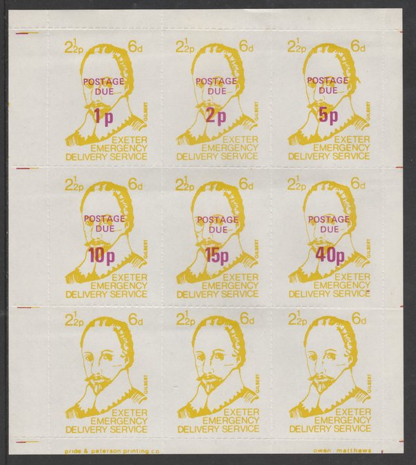 Cinderella - Great Britain 1971 Exeter Emergency Delivery Service 2.5p-6d labels depicting Gilbert in a complete sheet of 9 comprising set of 6 opt'd Postage Due 1p to 40p plus 3 un-surcharged values unmounted mint, stamps on explorers, stamps on cinderella, stamps on strike