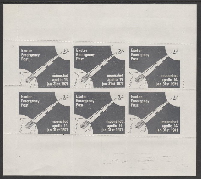Great Britain 1971 Exeter Emergency Post 2s label depicting Apollo 14 Moonshot complete sheetlet of 6 unmounted mint, stamps on space, stamps on cinderella, stamps on strike