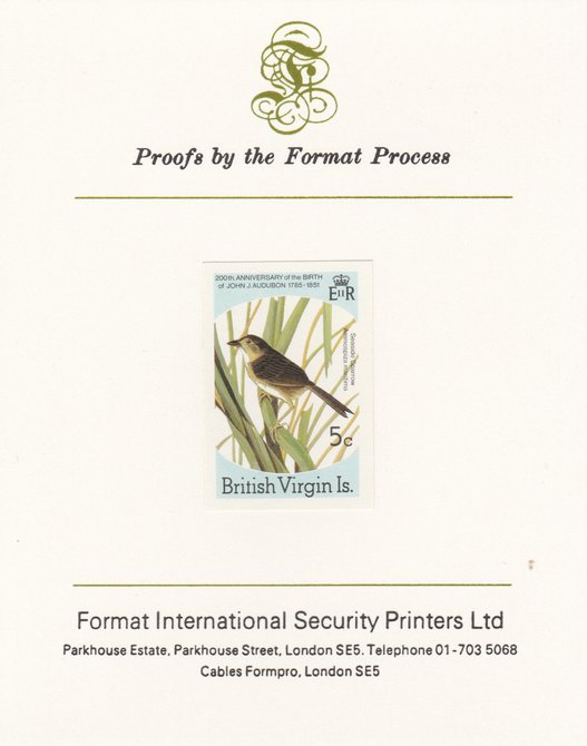British Virgin Islands 1985 John Audubon Birds 5c Seaside Sparrow imperf proof mounted on Format International proof card, as SG 588, stamps on audubon, stamps on birds, stamps on 