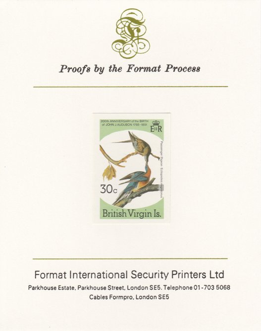 British Virgin Islands 1985 John Audubon Birds 30c Passenger Pigeon imperf proof mounted on Format International proof card, as SG 589, stamps on audubon, stamps on birds, stamps on pigeons