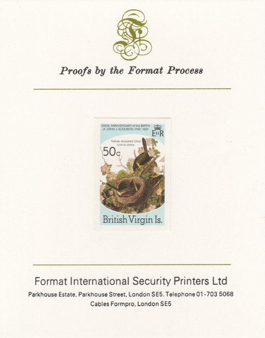 British Virgin Islands 1985 John Audubon Birds 50c Yellow Breasted Chat imperf proof mounted on Format International proof card, as SG 590, stamps on audubon, stamps on birds, stamps on 