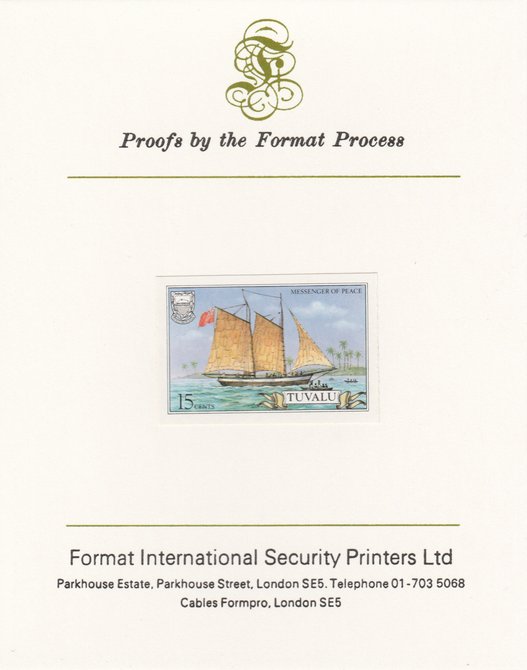 Tuvalu 1986 Ships #3 Schooner Messenger of Peace 15c iimperf proof mounted on Format International proof card, as SG 377, stamps on , stamps on  stamps on ships, stamps on  stamps on peace