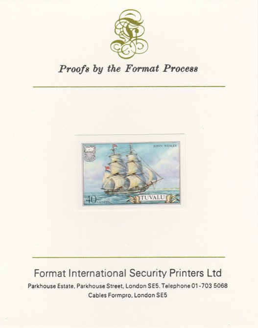 Tuvalu 1986 Ships #3 Brig John Wesley 40c imperf proof mounted on Format International proof card, as SG 378, stamps on ships