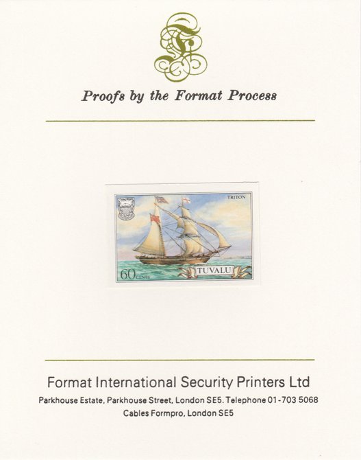 Tuvalu 1986 Ships #3 Brigantine Triton 60c imperf proof mounted on Format International proof card, as SG 380, stamps on ships