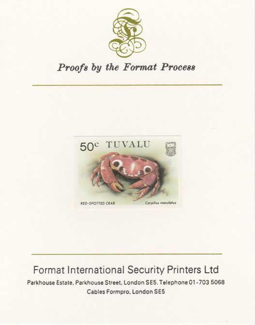 Tuvalu 1986 Crabs 50c (Red Spotted Crab) imperf proof mounted on Format International proof card, as SG 374, stamps on crabs, stamps on marine-life