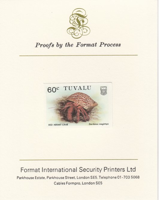 Tuvalu 1986 Crabs 60c (Red Hermit Crab) imperf proof mounted on Format International proof card, as SG 375, stamps on crabs, stamps on marine-life