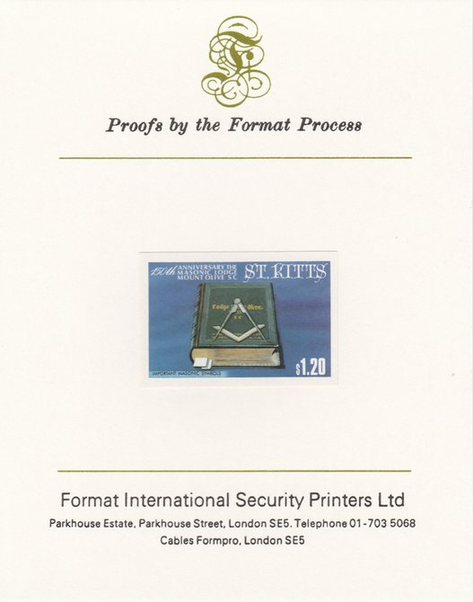 St Kitts 1985 Masonic Lodge $1.20 (Masonic Symbols) imperf proof mounted on Format International proof card, as SG 179, stamps on , stamps on  stamps on masonics, stamps on rotary, stamps on  stamps on masonry