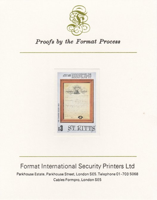 St Kitts 1985 Masonic Lodge $3 (Lodge Charter) imperf proof mounted on Format International proof card, as SG 180, stamps on masonics, stamps on rotary, stamps on masonry