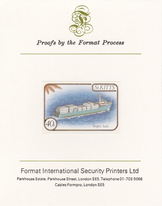 St Kitts 1985 Ships 40c (Container Ship) imperf proof mounted on Format International proof card, as SG 173, stamps on , stamps on  stamps on ships