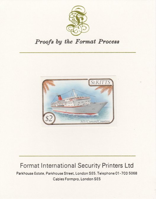 St Kitts 1985 Ships $2 (Cunard Liner) imperf proof mounted on Format International proof card, as SG 176, stamps on ships