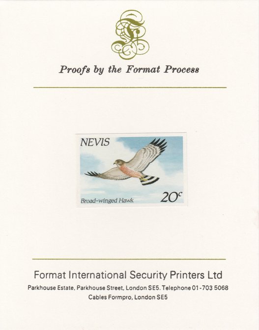 Nevis 1985 Hawks & Herons 20c (Broad Winged Hawk) imperf proof mounted on Format International proof card, as SG 265, stamps on , stamps on  stamps on birds, stamps on  stamps on birds of prey