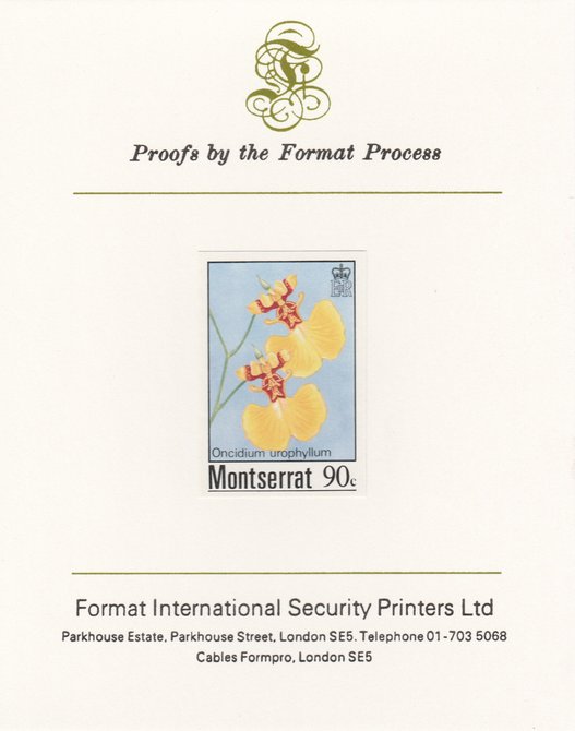 Montserrat 1985 Orchids 90c (Oncidium urophyllum) imperf proof mounted on Format International proof card, as SG 631, stamps on flowers, stamps on orchids
