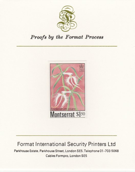 Montserrat 1985 Orchids $1.50 (Eppidendrum ciliare) imperf proof mounted on Format International proof card, as SG 633, stamps on flowers, stamps on orchids