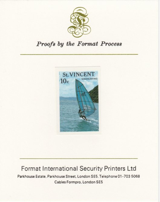 St Vincent 1988 Tourism 10c Windsurfing imperf mounted on Format International proof card, as SG 1133, stamps on , stamps on  stamps on tourism, stamps on  stamps on sport