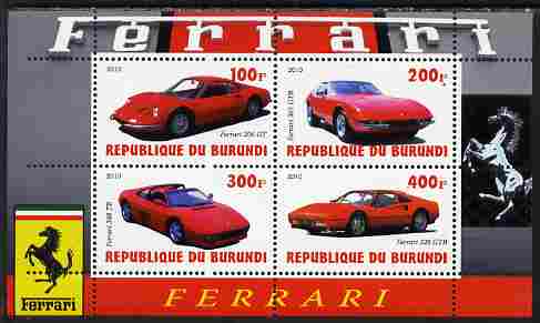 Burundi 2010 Ferrari Sports cars #1 perf sheetlet containing 4 values unmounted mint, stamps on ferrari, stamps on cars, stamps on racing cars