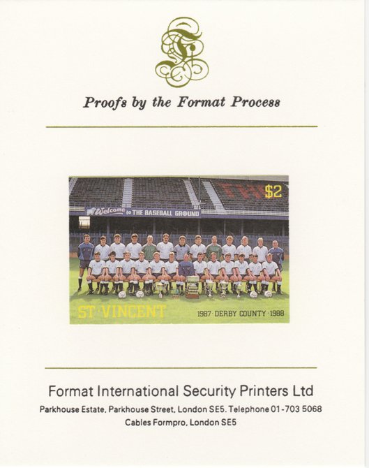 St Vincent 1987 English Football teams $2 Derby County imperf mounted on Format International proof card, as SG 1095, stamps on , stamps on  stamps on football, stamps on  stamps on sport, stamps on  stamps on derby, stamps on  stamps on baseball