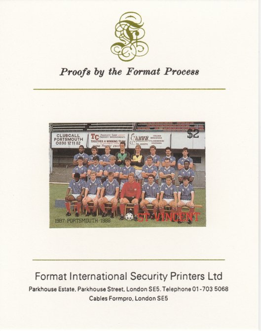 St Vincent 1987 English Football teams $2 Portsmouth imperf mounted on Format International proof card, as SG 1096, stamps on football, stamps on sport, stamps on portsmouth