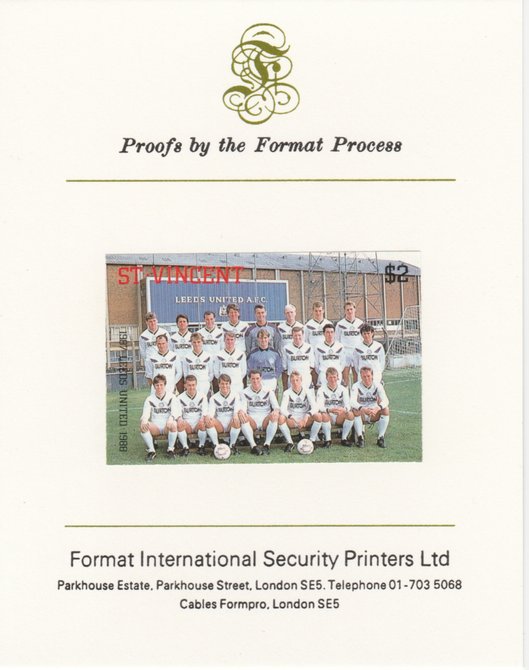 St Vincent 1987 English Football teams $2 Leeds United imperf mounted on Format International proof card, as SG 1097, stamps on football, stamps on sport, stamps on leeds
