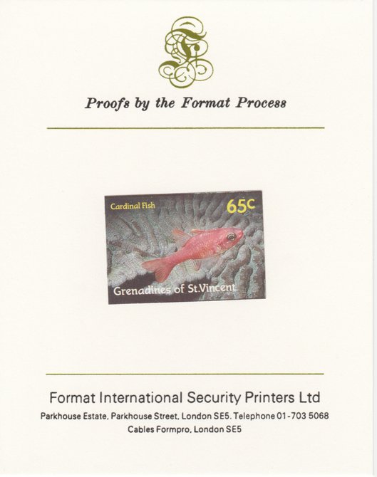 St Vincent - Grenadines 1987 Marine Life 65c Cardinal Fish imperf mounted on Format International proof card, as SG 544, stamps on marine life, stamps on fish
