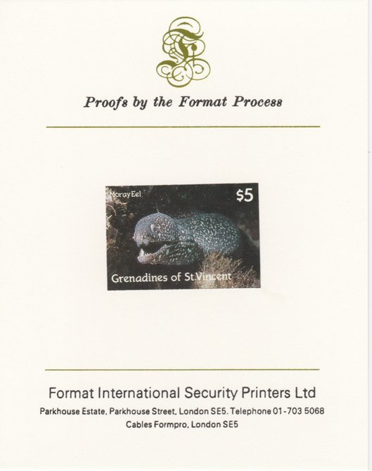 St Vincent - Grenadines 1987 Marine Life $5 Spotted Moray Eel imperf mounted on Format International proof card, as SG 545, stamps on marine life, stamps on fish