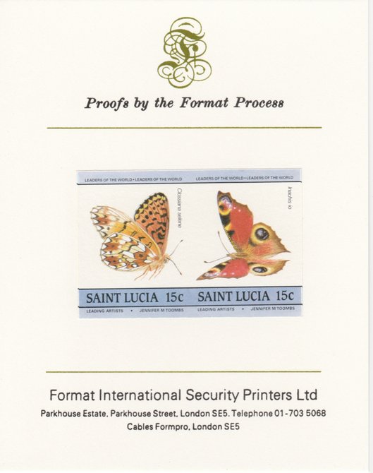 St Lucia 1985 Butterflies (Leaders of the World) 15c imperf se-tenant pair mounted on Format International proof card, as SG 781a, stamps on butterflies
