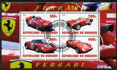 Burundi 2010 Ferrari Sports cars #2 perf sheetlet containing 4 values fine cto used, stamps on ferrari, stamps on cars, stamps on racing cars