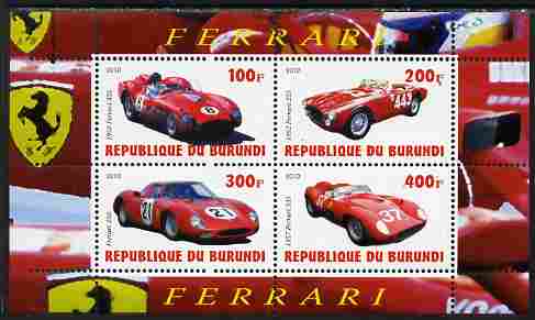 Burundi 2010 Ferrari Sports cars #2 perf sheetlet containing 4 values unmounted mint, stamps on ferrari, stamps on cars, stamps on racing cars