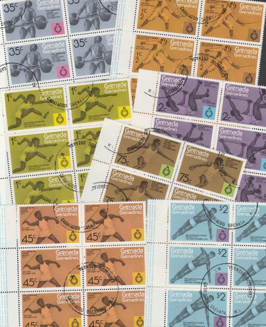 Grenada - Grenadines 1975 Pan American Games cto set of 7 in complete (folded) sheets of 50, SG 103-9 (50 sets = 350 stamps), stamps on sport