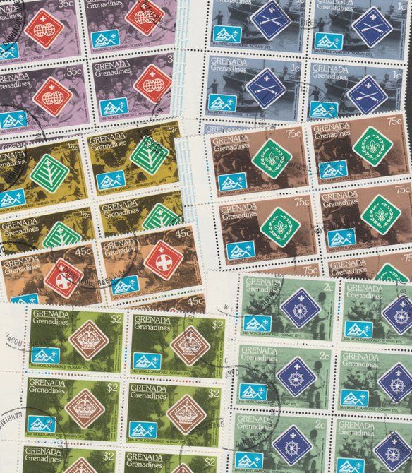 Grenada - Grenadines 1975 World Scout Jamboree cto set of 7 in complete (folded) sheets of 50, SG 84-90 (50 sets = 350 stamps), stamps on 