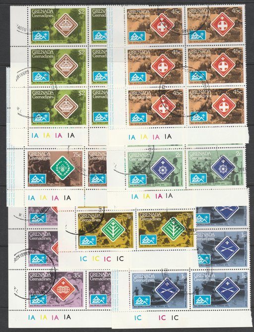 Grenada - Grenadines 1975 World Scout Jamboree cto set of 7 each in plate block of 6, SG 84-90 , stamps on 