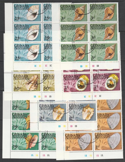 Grenada - Grenadines 1976 Shells cto set of 7 each in plate block of 6, SG 139-45 , stamps on 