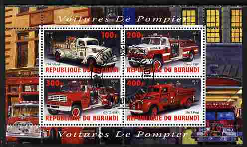 Burundi 2010 Fire Engines #1 perf sheetlet containing 4 values fine cto used, stamps on fire