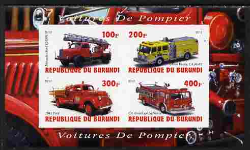 Burundi 2010 Fire Engines #2 imperf sheetlet containing 4 values unmounted mint, stamps on fire