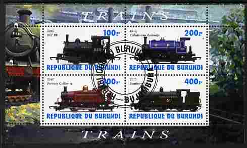 Burundi 2010 Steam Locomotives #2 perf sheetlet containing 4 values fine cto used, stamps on , stamps on  stamps on railways
