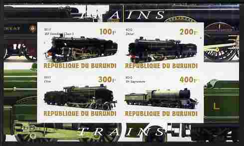 Burundi 2010 Steam Locomotives #3 imperf sheetlet containing 4 values unmounted mint, stamps on railways