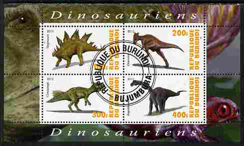 Burundi 2010 Dinosaurs #1 perf sheetlet containing 4 values fine cto used, stamps on dinosaurs