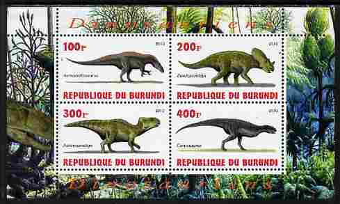 Burundi 2010 Dinosaurs #4 perf sheetlet containing 4 values unmounted mint, stamps on dinosaurs