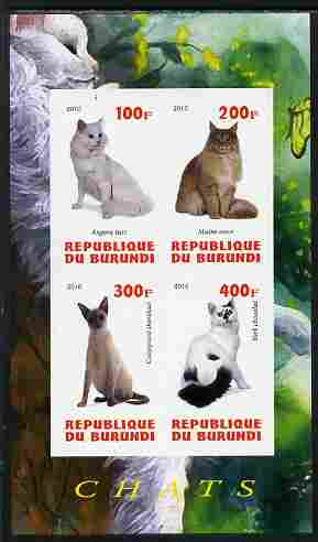 Burundi 2010 Cats #1 imperf sheetlet containing 4 values unmounted mint, stamps on , stamps on  stamps on cats