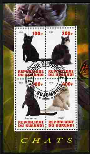 Burundi 2010 Cats #4 perf sheetlet containing 4 values fine cto used, stamps on , stamps on  stamps on cats