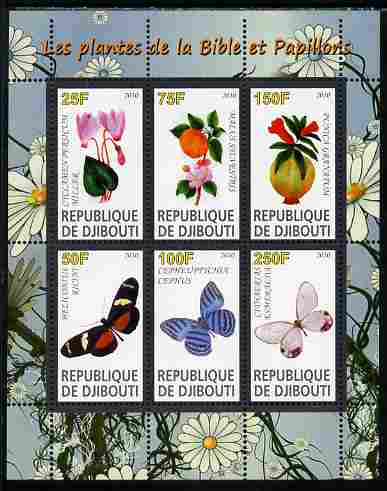 Djibouti 2010 Butterflies & Plants from the Bible #1 perf sheetlet containing 6 values unmounted mint, stamps on butterflies, stamps on flowers, stamps on bible, stamps on religion