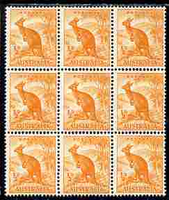 Australia 1948-56 Kangaroo 1/2d coil block of 9 SG 228c, stamps on animals, stamps on  kg6 , stamps on kangaroo