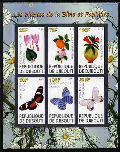 Djibouti 2010 Butterflies & Plants from the Bible #1 imperf sheetlet containing 6 values unmounted mint, stamps on butterflies, stamps on flowers, stamps on bible, stamps on religion