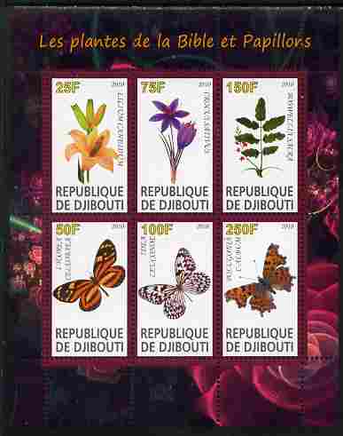 Djibouti 2010 Butterflies & Plants from the Bible #2 perf sheetlet containing 6 values unmounted mint, stamps on butterflies, stamps on flowers, stamps on bible, stamps on religion