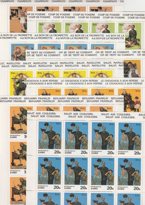 Zaire 1981 Paintings by Norman Rockwell set of 8 each in complete sheets of 20 (SG 1053-60) unmounted mint, stamps on arts   dancing   music    scouts   postal    americana    telescope