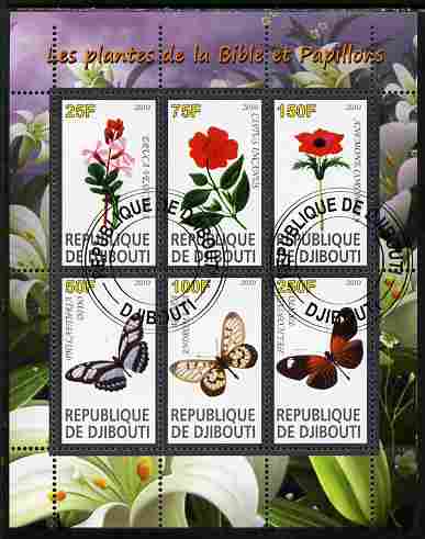 Djibouti 2010 Butterflies & Plants from the Bible #3 perf sheetlet containing 6 values fine cto used, stamps on butterflies, stamps on flowers, stamps on bible, stamps on religion
