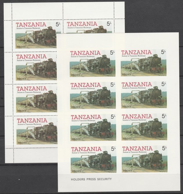 Tanzania 1985 Railways (1st Series) 5s value in complete imperf sheetlet of 8 plus perforated normal sheet, both unmounted mint as SG 430, stamps on railways
